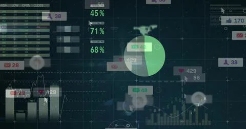 Showing large translucent green pie chart right on analytics dashboard, with Stock Illustration