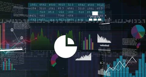 Showing large white pie-chart centered in dark dashboard, with colorful slice, 스톡 일러스트