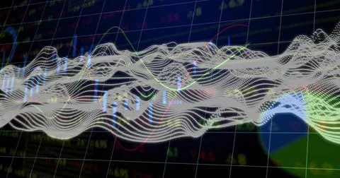 Showing layered 3D dotted waveform moving on dashboard, showing grid Stock Illustration