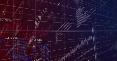 Showing layered dashboard with red and blue line charts, percent labels, white Stock Illustration