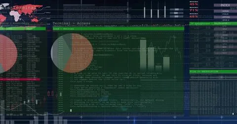 Showing layered dashboard on-screen, displaying Terminal Access window, pie イラスト素材