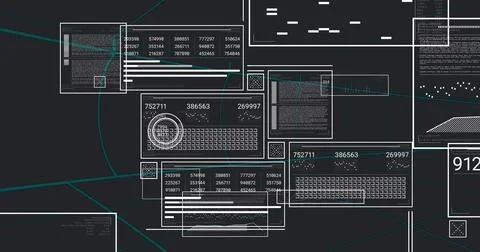 Showing layered data panels with numeric numbers on dark HUD, showing target Stock Illustration