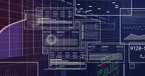 Showing layered data panels on purple navy grid, including numeric matrices, Stock Illustration