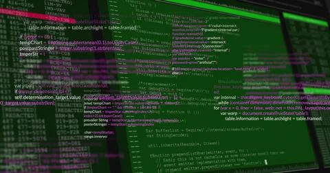 Showing layered JavaScript code on monitor in programming environment, with Stock Illustration
