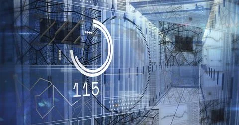 Showing layered server rack corridor merging with circular HUD overlay in data Stock Photos