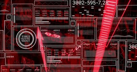 Showing layered UI panels, numeric tables, waveforms, radar gauge and red bea 写真素材