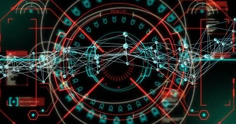Showing linked node network across virtual HUD, displaying radial rings, hex Stock Illustration