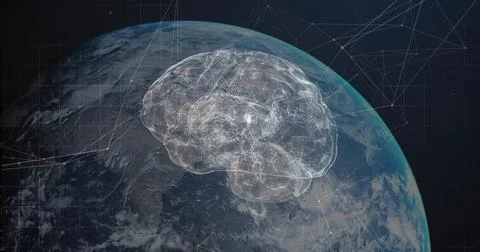 Showing lit neural network brain graphic expanding over Earth in low orbit, w Stock Illustration