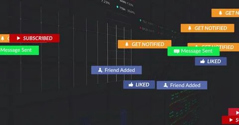 Showing live alerts feed on dark UI, featuring GET-NOTIFIED or SUBSCRIBED or Illustrazione stock