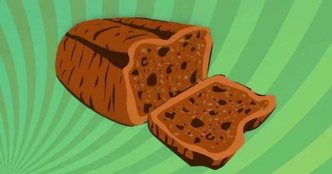 Showing loaf of brown bread with single slice against green striped backdrop, Illustrazione stock