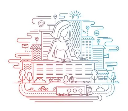 Showing location line flat design banner with a woman. Stock Illustration