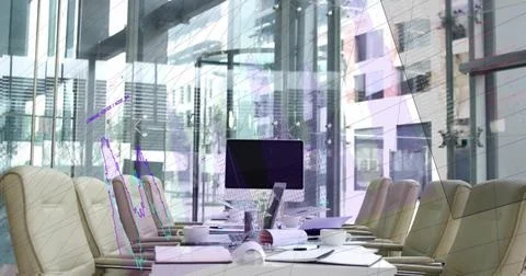 Showing long white table centered, featuring monitor, laptop, rolled blueprint Stock Photos