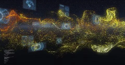 Showing luminous particle data wave flowing across virtual 3D space, with HUD Stock Illustration