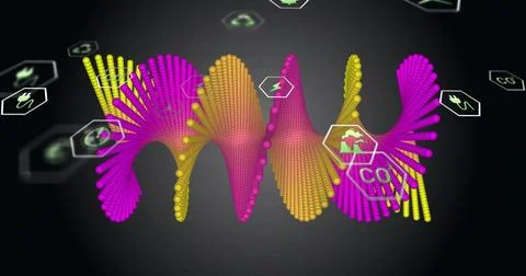 Showing magenta-yellow waveform forming from glossy spheres and nodes on virtual イラスト素材
