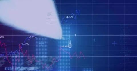 Showing market chart on deep blue UI, showing magenta-blue lines, dotted bars Stock Illustration