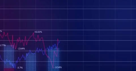 Showing market chart left on navy gradient, magenta-blue lines, percents, cop Stock Illustration