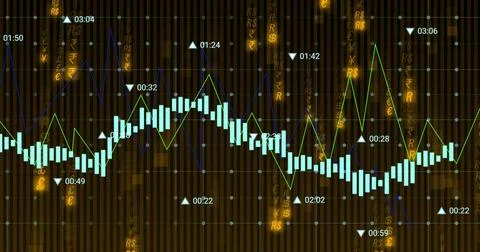 Showing market chart on platform, candlesticks, trendlines, timestamps and Stock Illustration