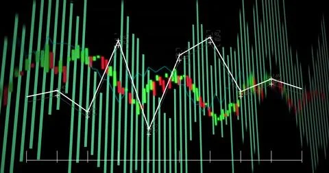 Showing market chart on screen with histogram, red and green candlesticks, line Stock Illustration