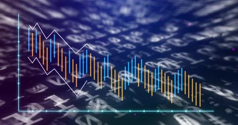 Showing market chart in studio, with turquoise axes, blue orange bars, white 库存插图
