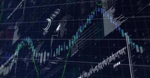 Showing market dashboard on tilted display with cyan candlesticks, rising green Stock Illustration