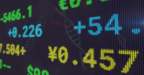 Showing market data on LED grid on trading floor, with colored digits, yen Stock Illustration