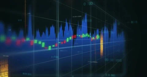 Showing market data view moving on dark trading screen, with candles, blue area Stock Illustration
