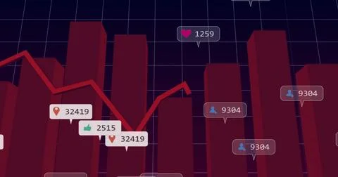 Showing maroon 3D bars with red line trend rising on dark navy grid, with icon Stock Illustration