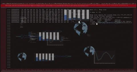 Showing maroon frame terminal UI showing hex dump, nmap output, three globe Stock Illustration