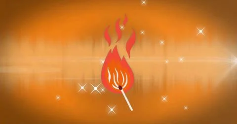 Showing matchstick burning on orange gradient with flame, white sparkles, lig Stock Illustration