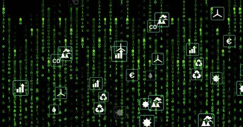Showing matrix linking green binary digits with floating eco finance icons in 스톡 일러스트