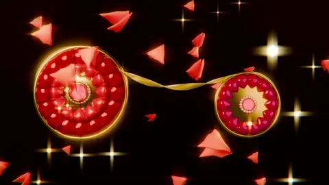 Showing medallion pair starting petals drifting across black void, ribbon, Stock Footage 339194366