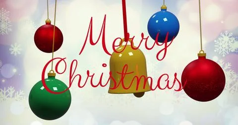 Showing Merry Christmas red script on graphic backdrop with golden bell, baubles 写真素材