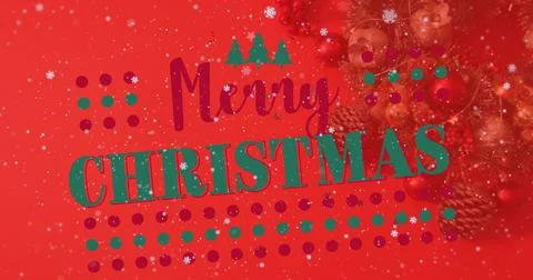 Showing Merry script and CHRISTMAS letters on red card with snowflakes, baubles, Stock Illustration