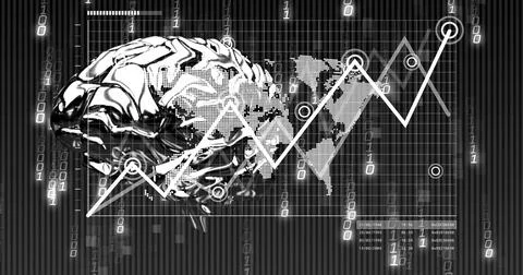Showing metallic brain overlapping grid with dotted world map jagged line graph Stock Photos