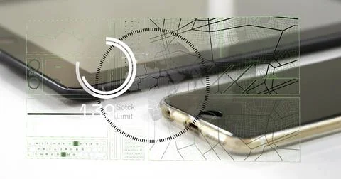 Showing metallic smartphone overlapping tablet on white desk, with circular HUD, Stock Photos