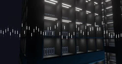 Showing modular server rack array glowing in data center with server blades and Stock Illustration