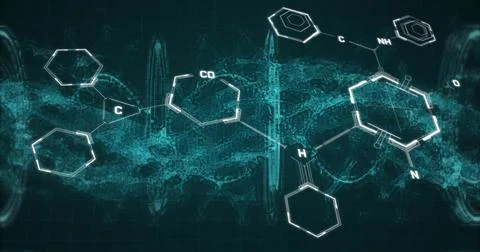 Showing molecules with hexagonal rings labeled atoms and bonds in lab over teal Stock Photos