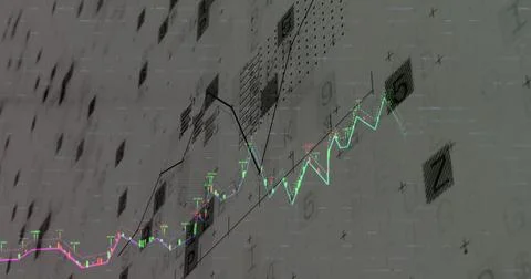 Showing multi-colored line chart on screen, with candlestick markers, data Stock Photos