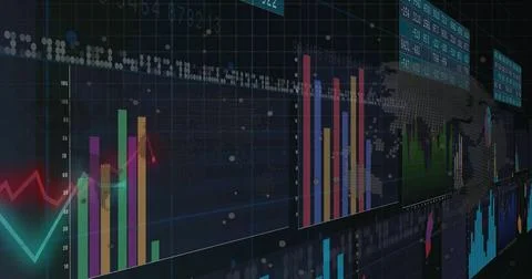 Showing multi-panel dashboard with bars, lines, scatter markers on dark data Stock Photos