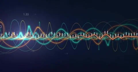 Showing multicolor waveform band animating on dark navy canvas, with candlestick Foto stock
