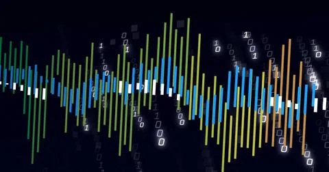 Showing multicolored vertical bars oscillating on dark data interface, with 写真素材