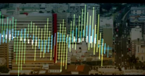 Showing multicolored vertical data bars overlaying cityscape downtown, with Stock Photos