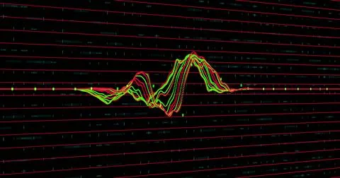 Showing multicolored waveform cluster oscillating on dark monitor screen, with Stock Illustration