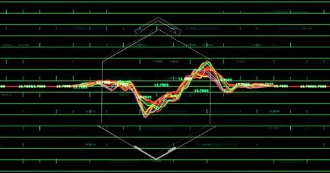 Showing multicolored waveform undulating on screen, neon green grid, hex overlay Fotos de archivo