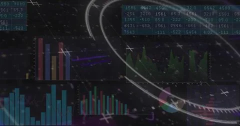 Showing multilayered data dashboard on dark widescreen, with stacked bar charts Stock Illustration