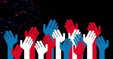 Showing multiple red white blue hands reaching upward in dark digital Stock Photos