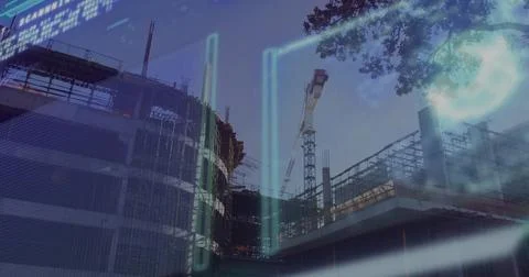 Showing multistory structure rising at construction site, with tower crane, 写真素材