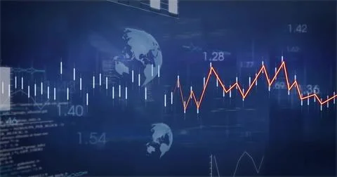 Showing navy dashboard featuring jagged orange line graph across middle, with Illustrazione stock