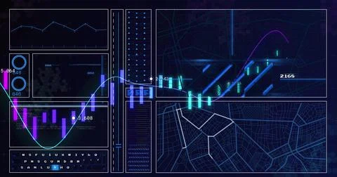 Showing neon-blue data dashboard running on computer display, with circular Stock Photos