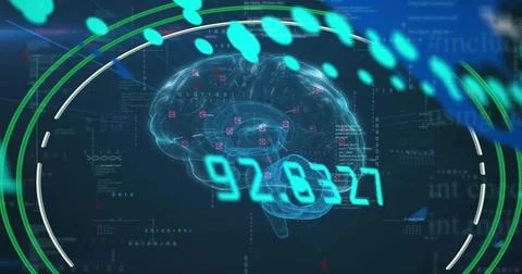 Showing neon-blue wireframe brain hologram on virtual dashboard with numeric Stock Illustration